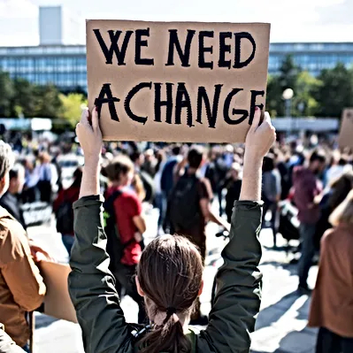 Image of a girl holding up a sign that says "We need chang".