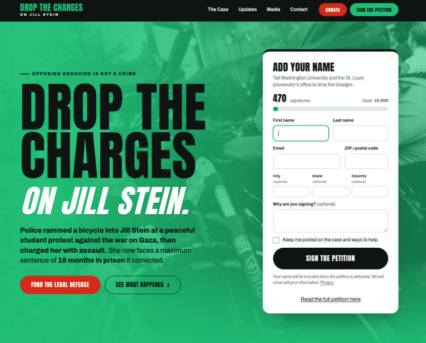 Image of a webpage with text demanding that the charges against Jill Stein be dropped.